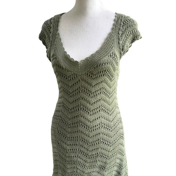 Athleta Sage Green Crochet Cotton Knit A-Line Cap Sleeve Dress Size Medium - Picture 2 of 6